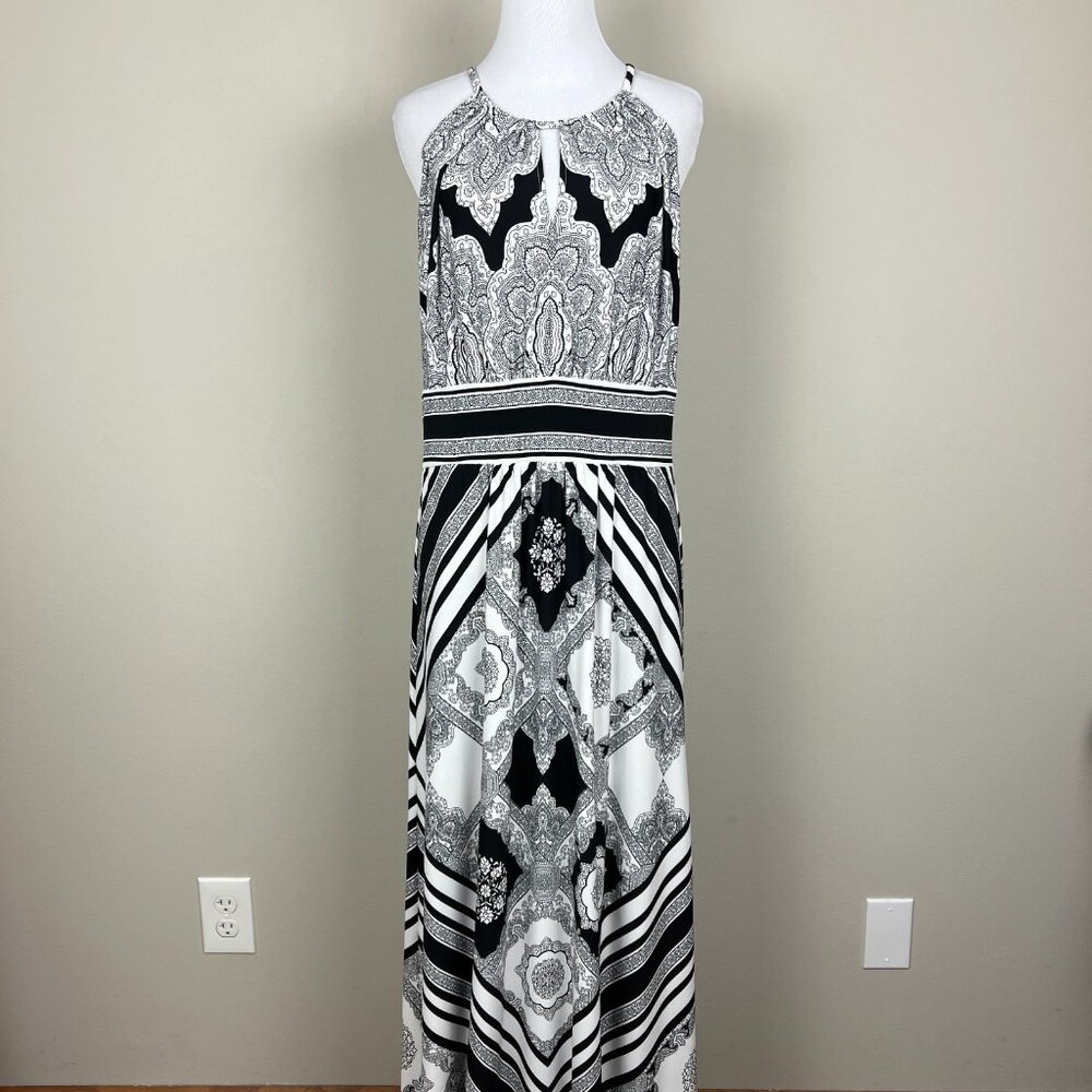 London Style‎ Collection Maxi Dress 12 Black White Halter Neck Paisley Stripe